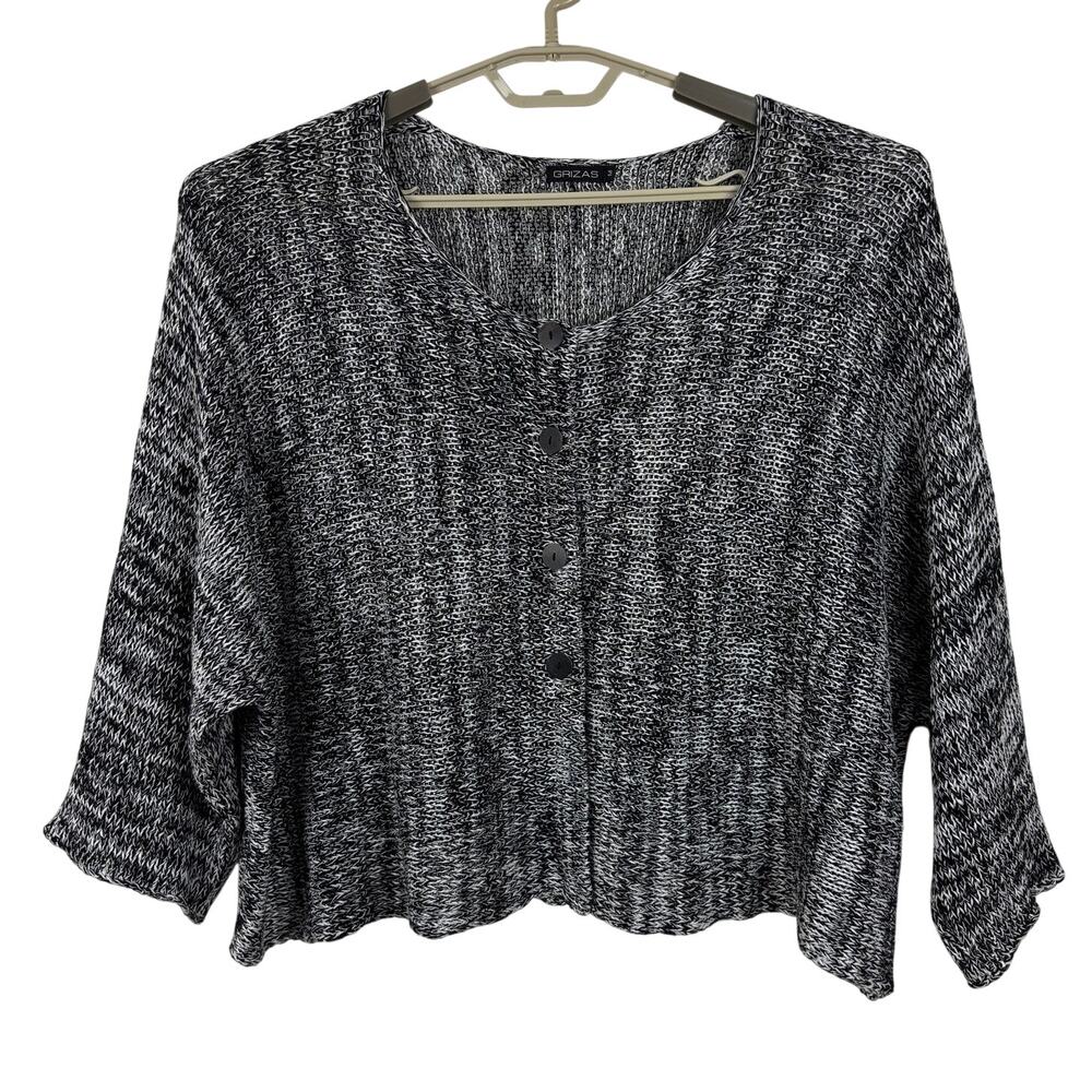 Grizas Knit Linen Cotton Cardigan Sweater Medium black white marled lagenlook